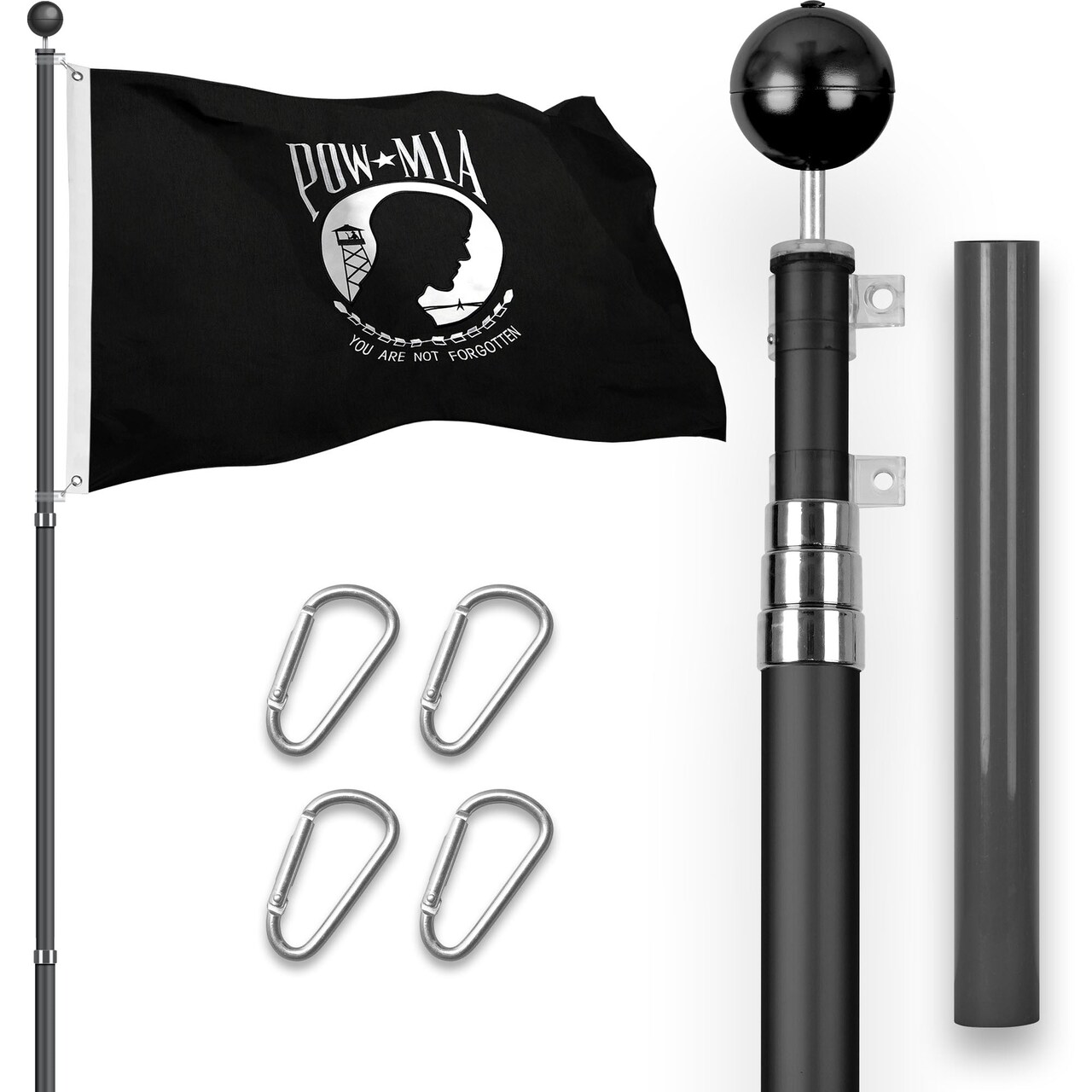 G128 Combo Pack: 16 Ft Telescoping Aluminum Flagpole (Black) & POW MIA Flag 3x5 Ft, StormFlyer Series Embroidered 220GSM Spun Polyester | Pole with Flag Included